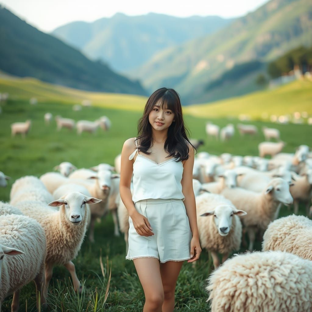 Japanese Girl with Sheep in Valley, Soft Lighting