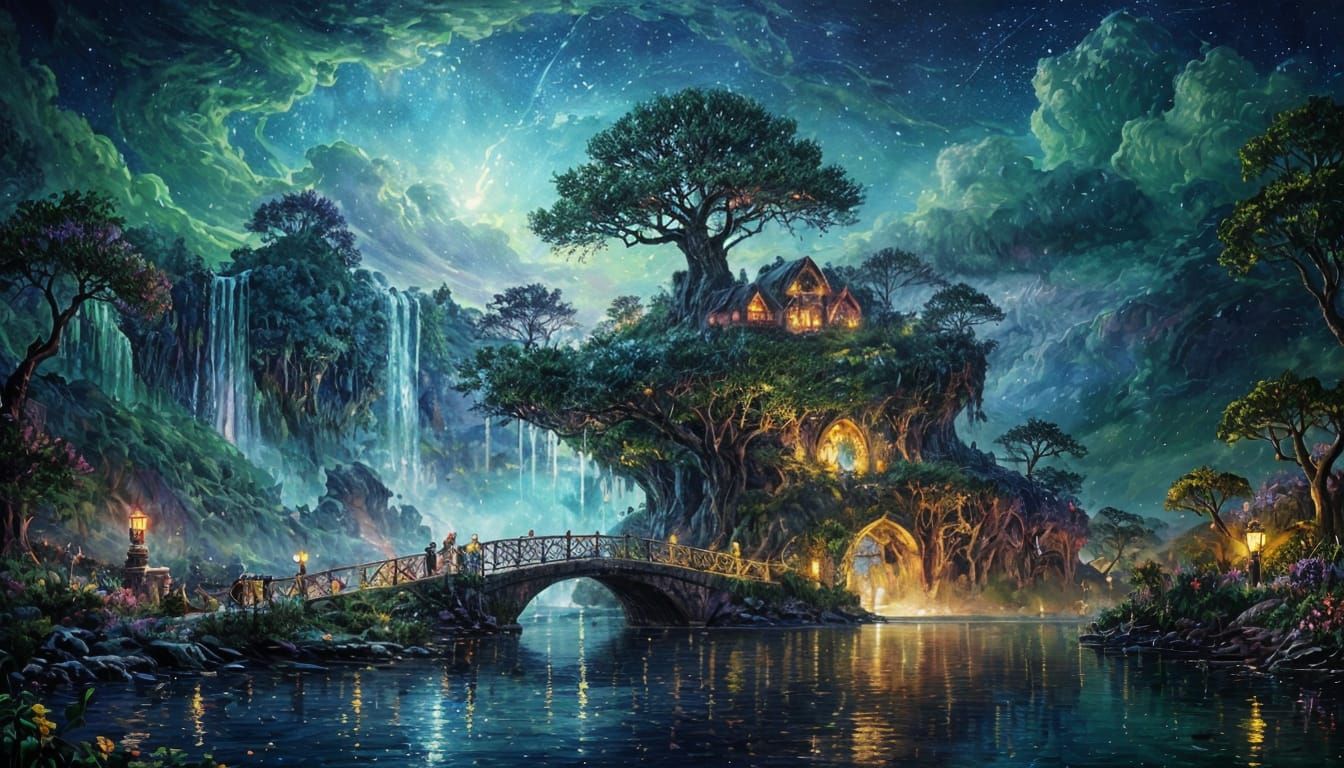 Fantasy Island Under a Vibrant Night Sky