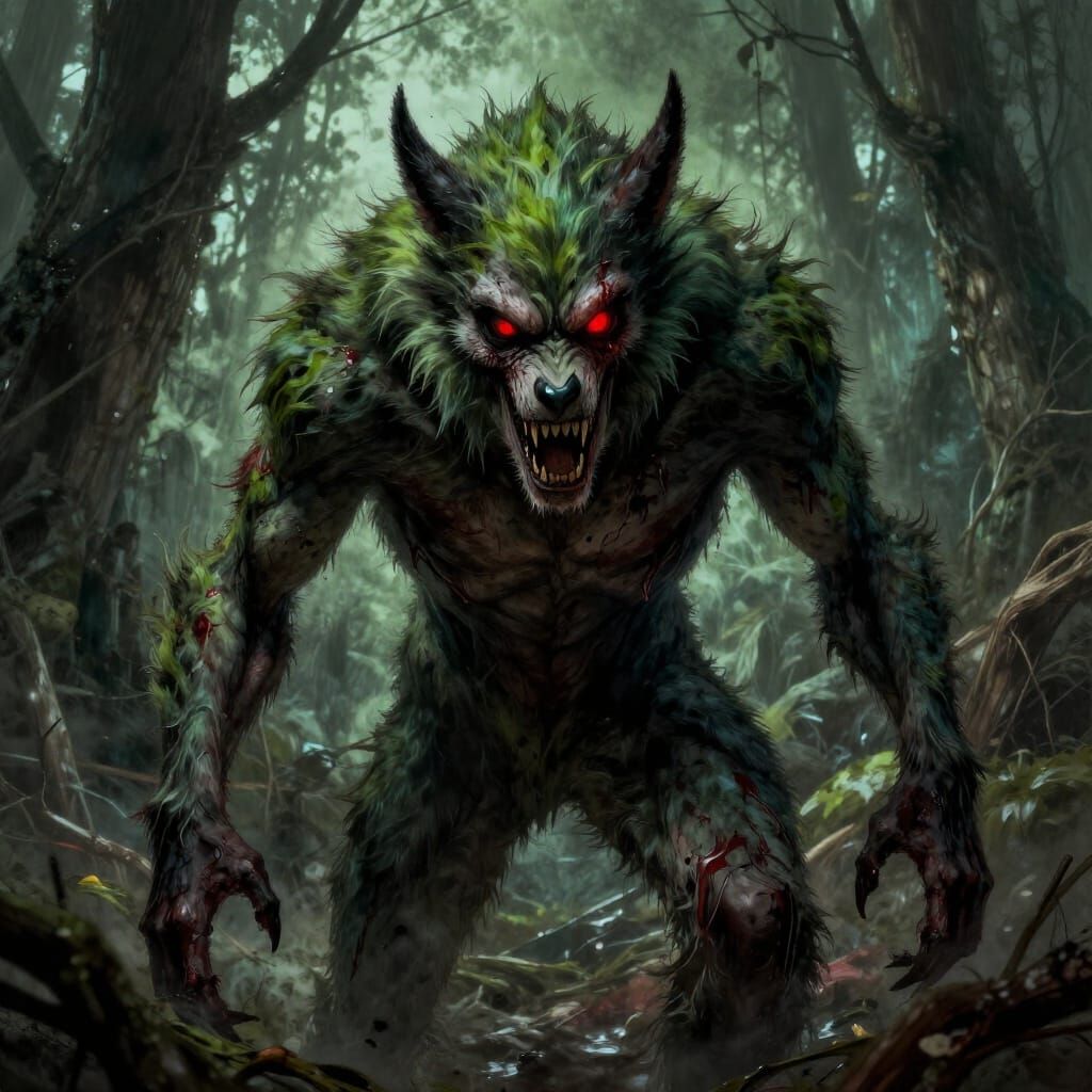 Terrifying Zombie Werewolf With Green Fur and Red Eyes