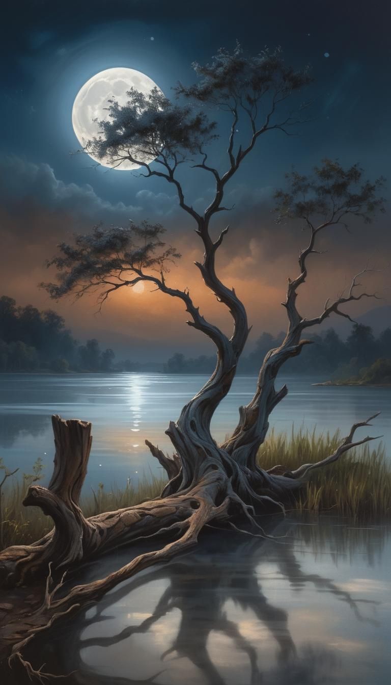 Luminous nocturne. Close up. A gnarled tree stands alone beside a serene lake under moonshine. Medium shot. Dreamy oil p...