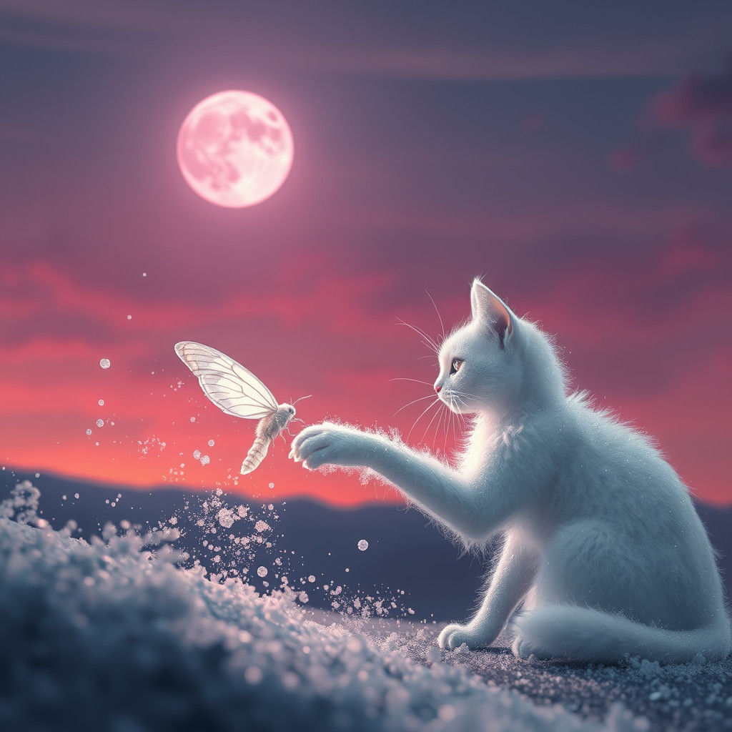 Ethereal Cat and Moth in Dreamlike Twilight