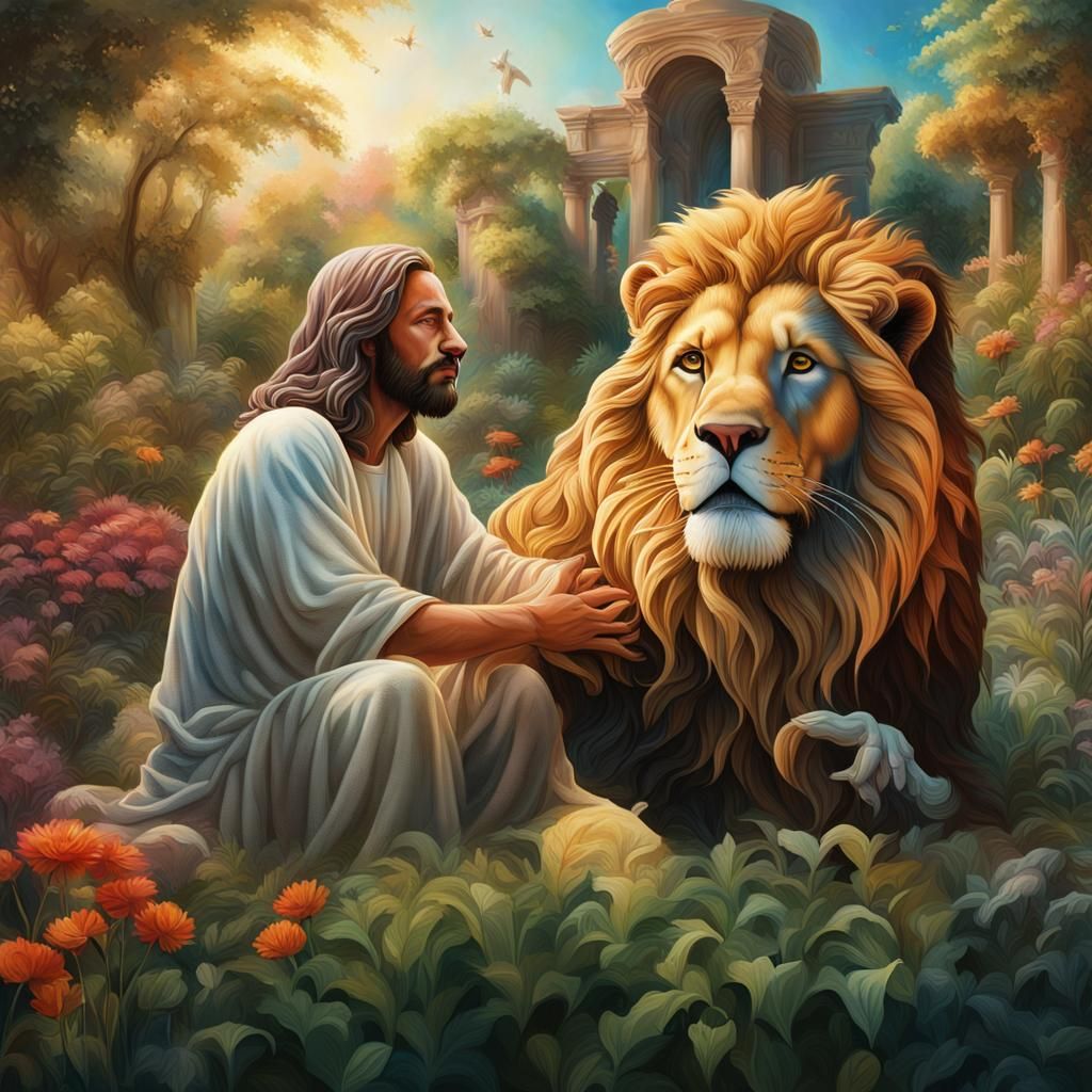 Jesus Christ and Lion in Garden: Hyperrealistic Art