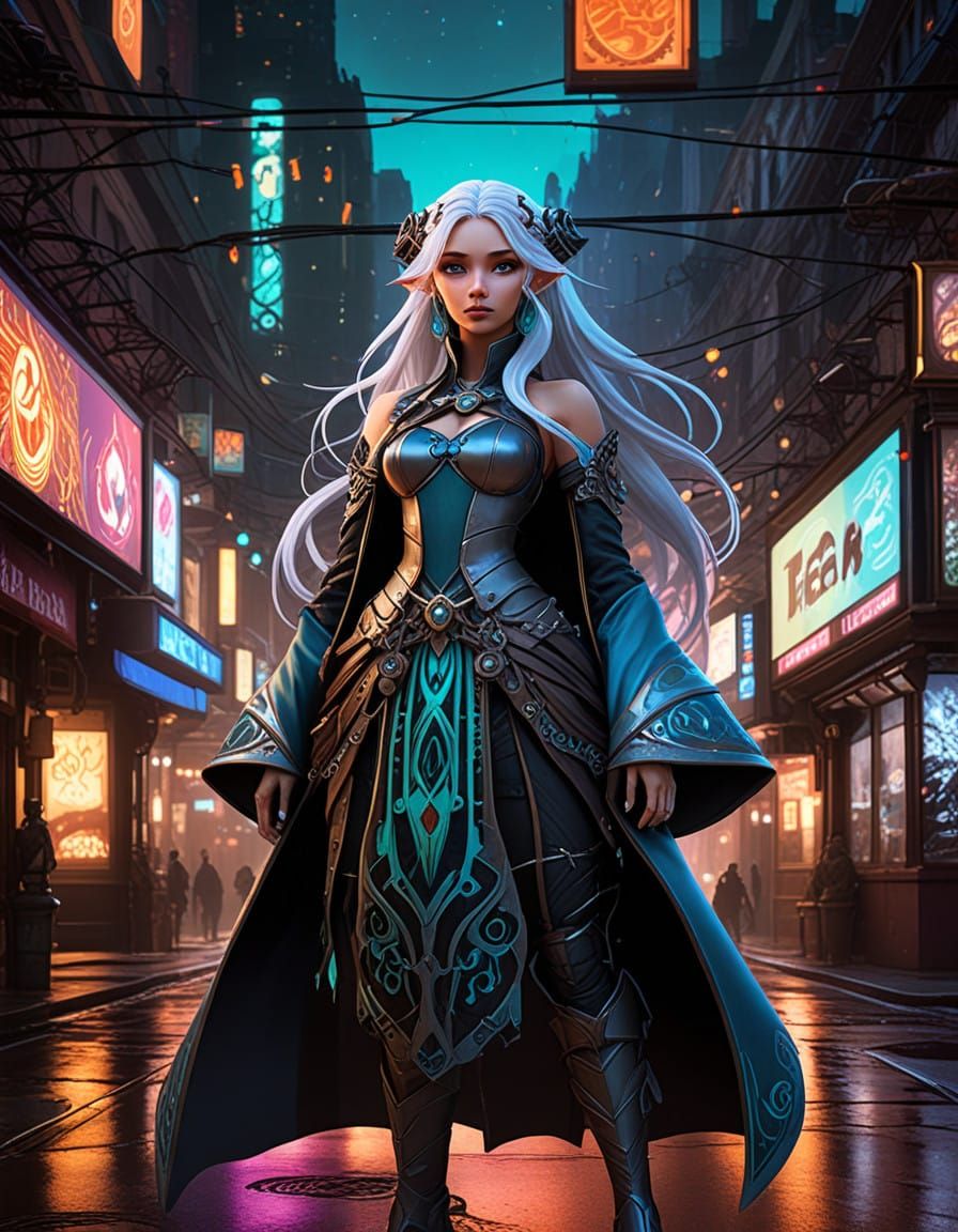 Ethereal Fae in Cyberpunk Art Nouveau Style