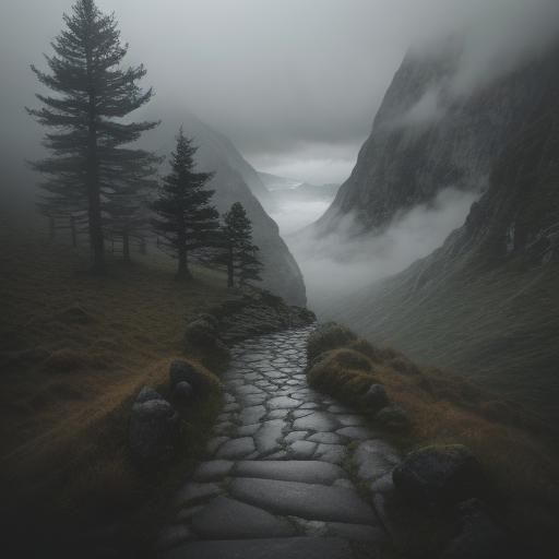 Dramatic Mountain Landscape with Hiker in Rain