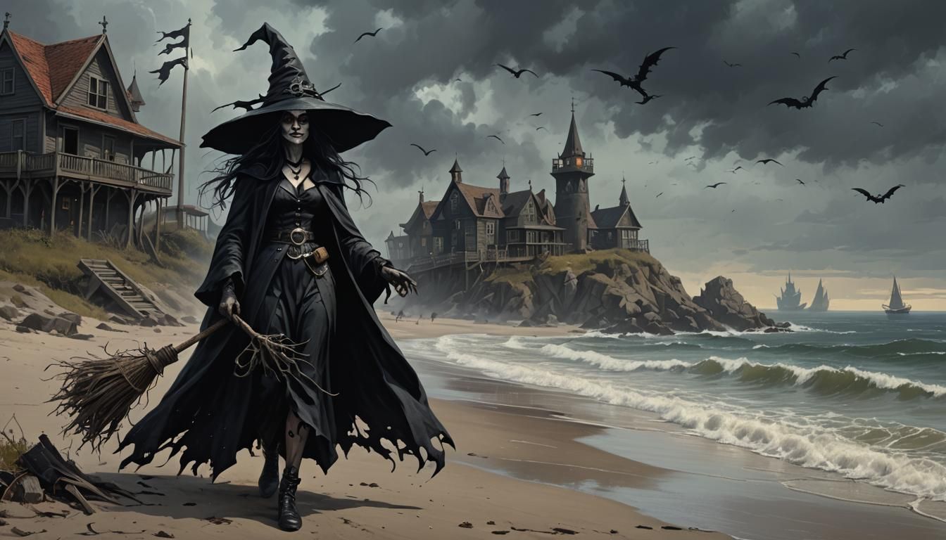 Sinister Gothic Seaside Witch Painting
