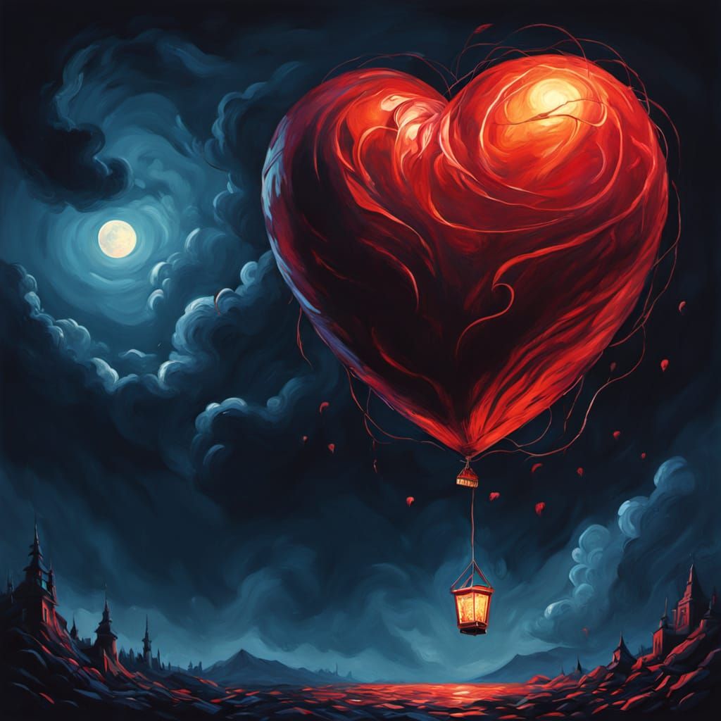 Fiery Heart Balloon in Dramatic Night Sky