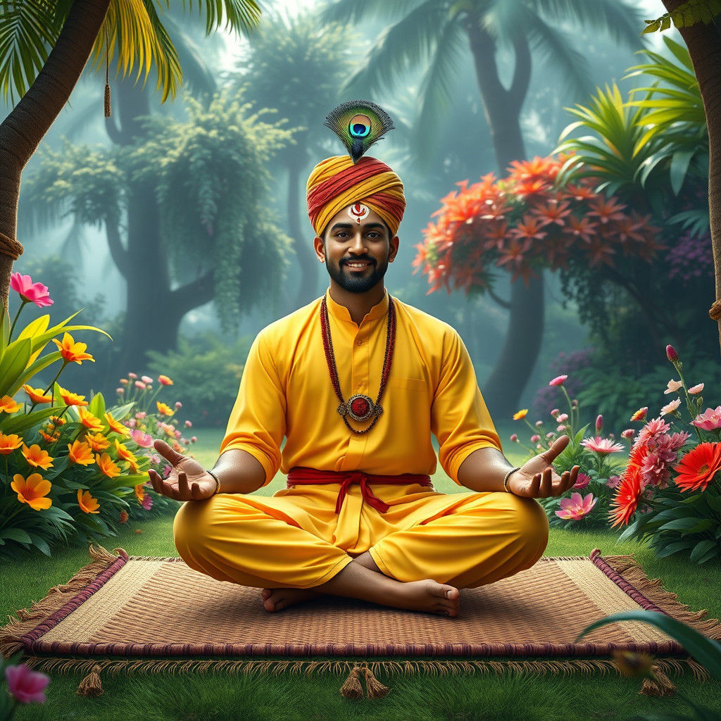 Serene Man Meditating in Lush Garden, Digital Art