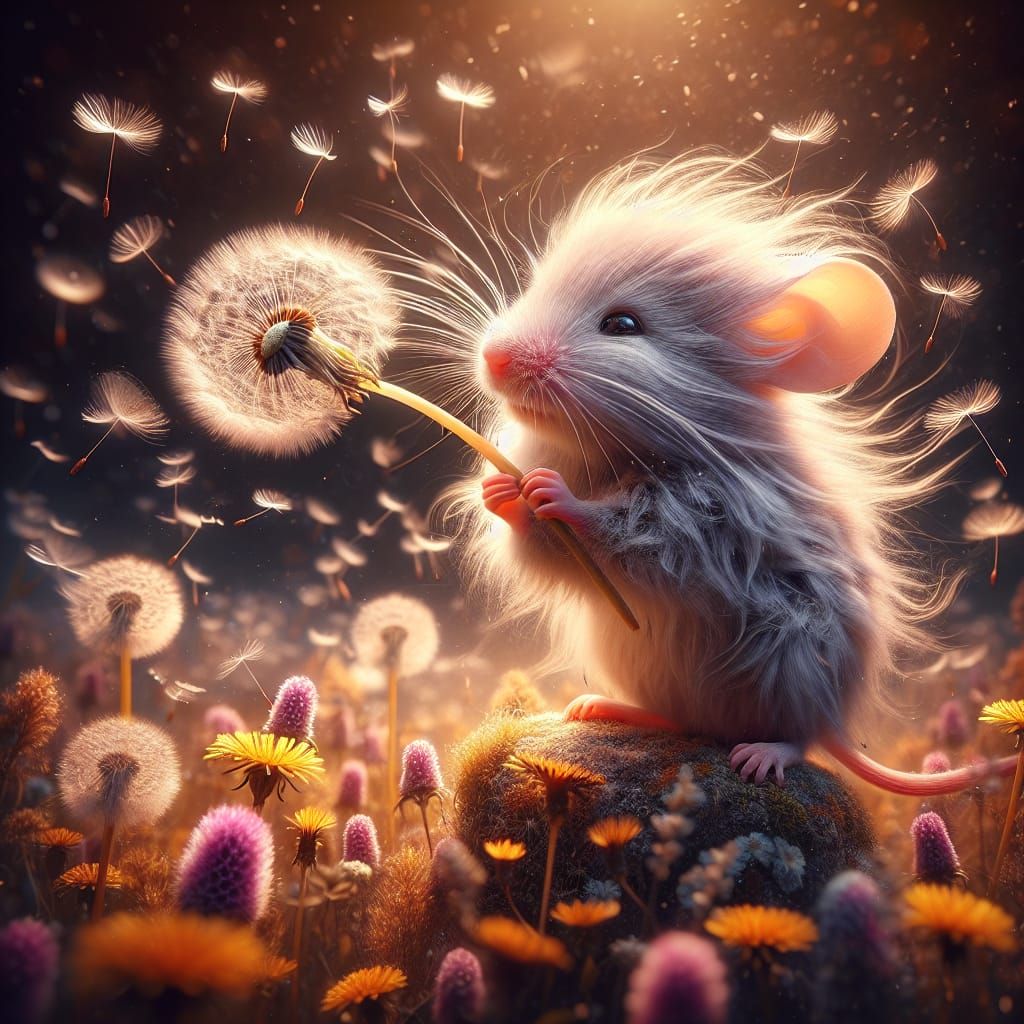 Whimsical Mouse Blows Dandelion Seeds into the Wind in Photo...