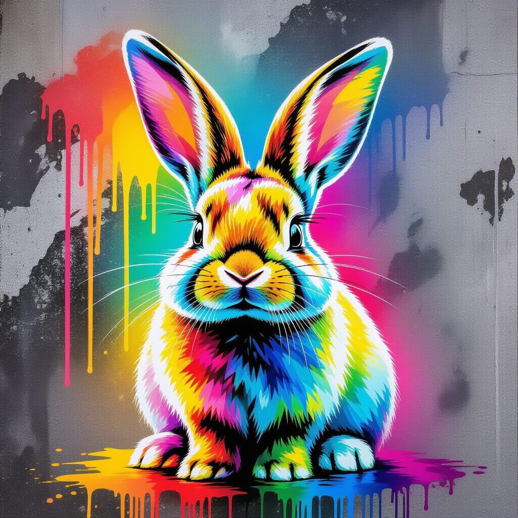 Cute Rabbit with Rainbow Glass Fur Graffiti Art