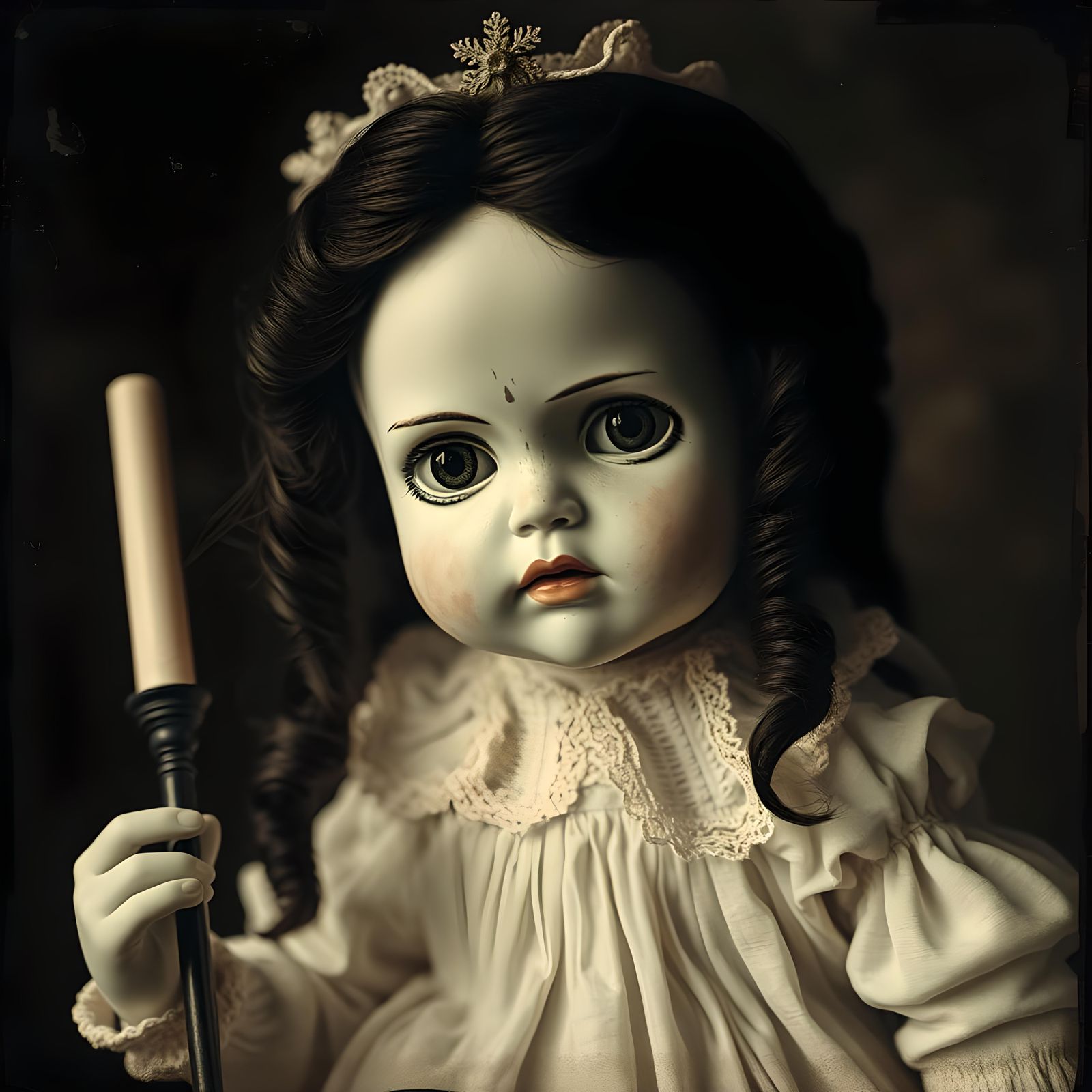 Creepy Porcelain Doll in Sepia Daguerreotype Style
