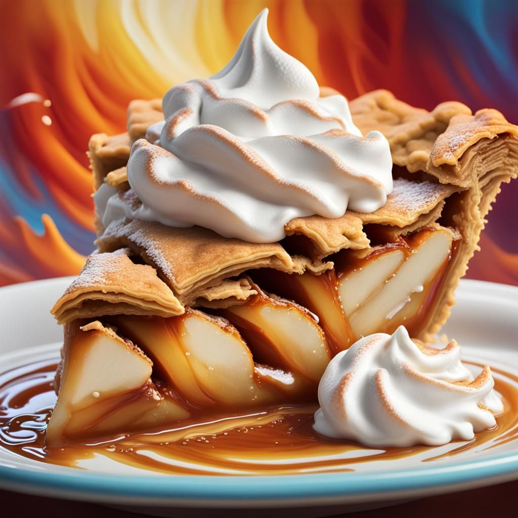 detailed slice of apple pie with a swirl of whip cream on top,  Hyperrealistic, splash art, concept art, mid shot, intri...