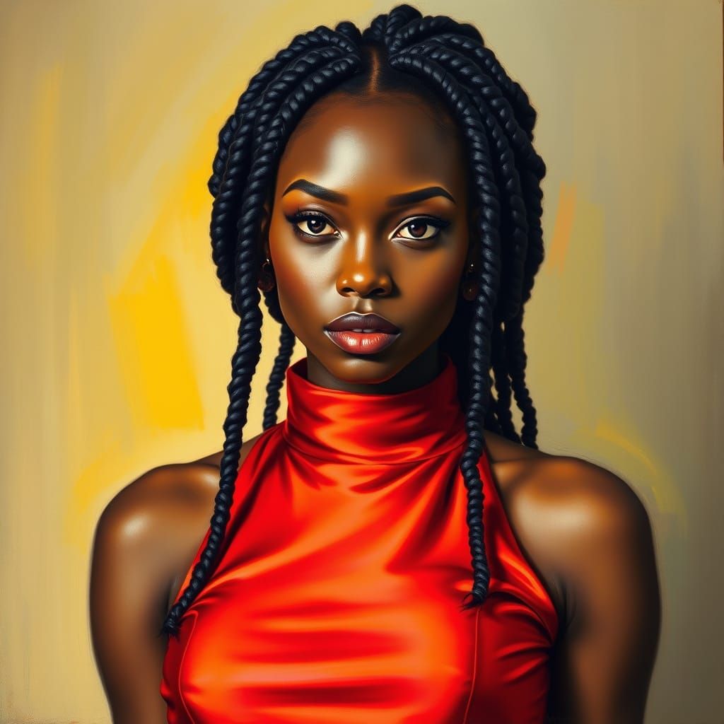 Confident Woman in Jewel-Toned Silky Gown with Glossy Braids