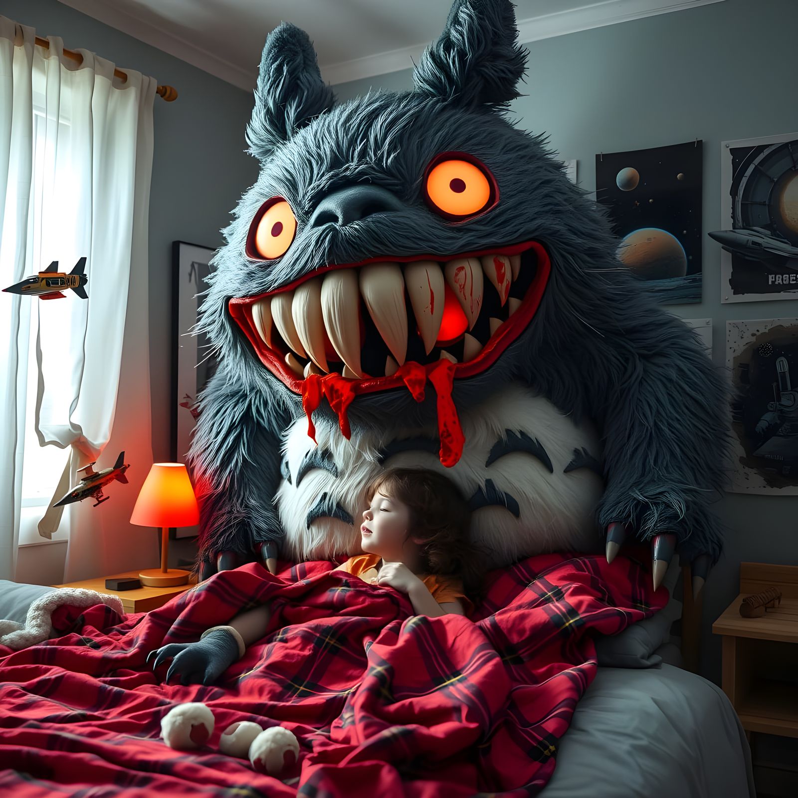 Evil Totoro Plushy Towering Over Sleeping Child
