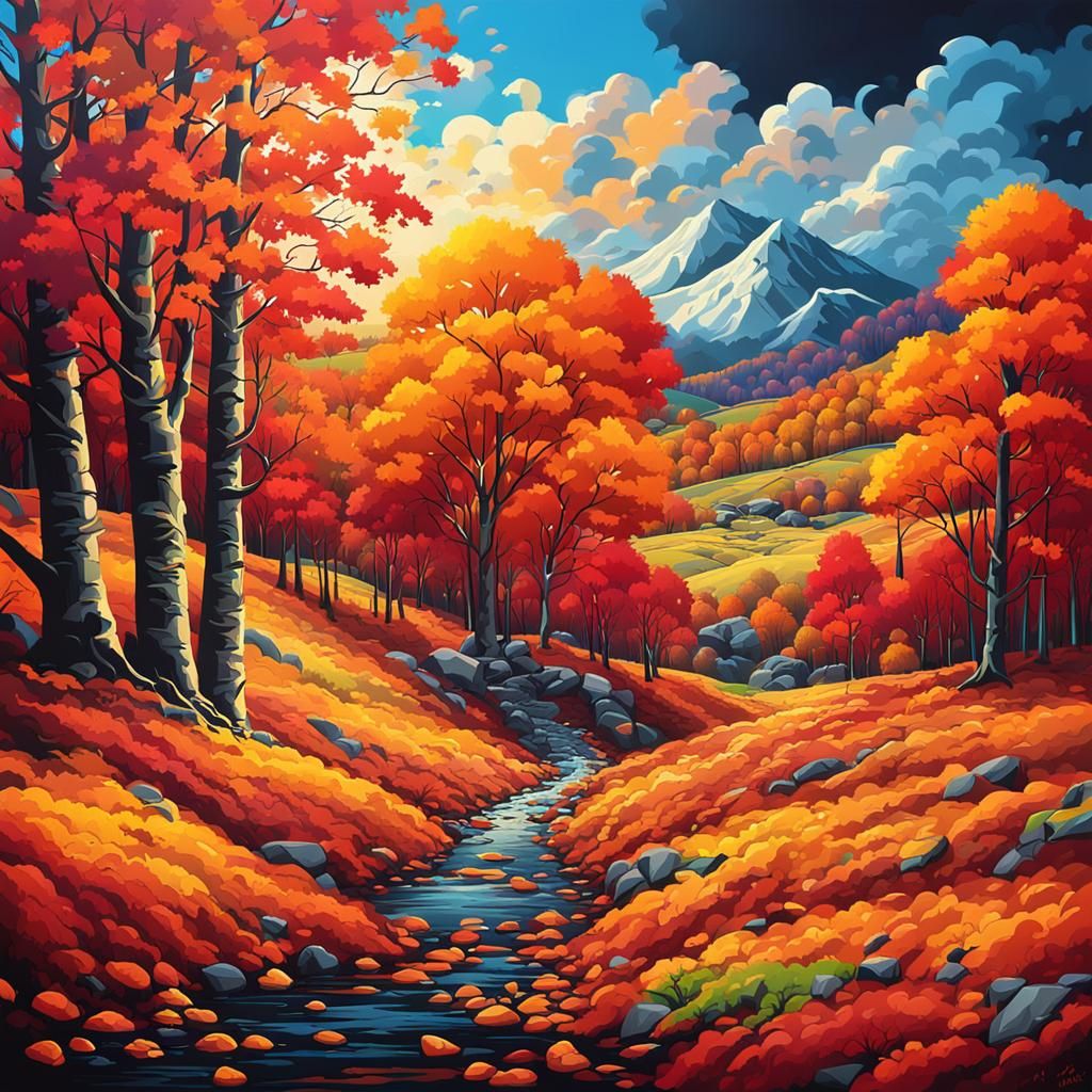 Vibrant Pop Art Autumn Landscape with Dramatic Lighting
