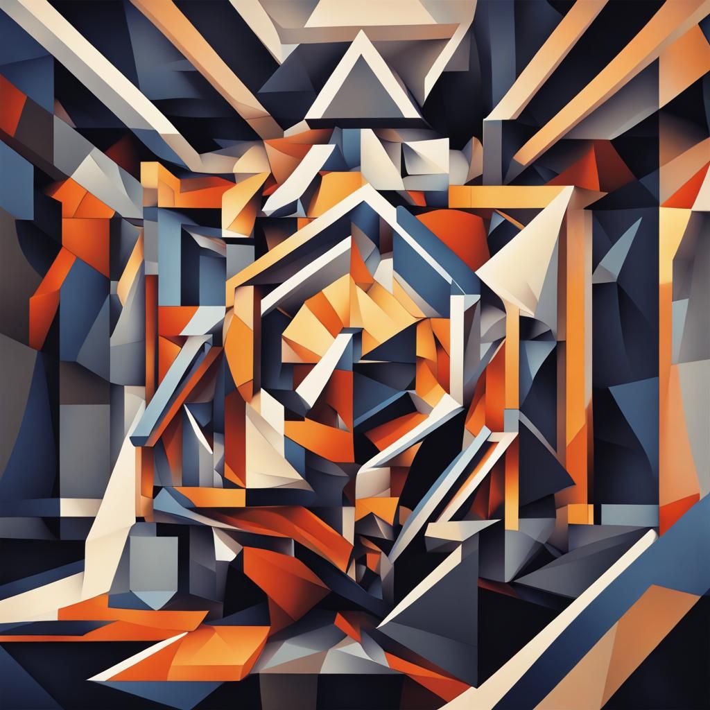 Geometric Cubist Painting in Art Deco Style