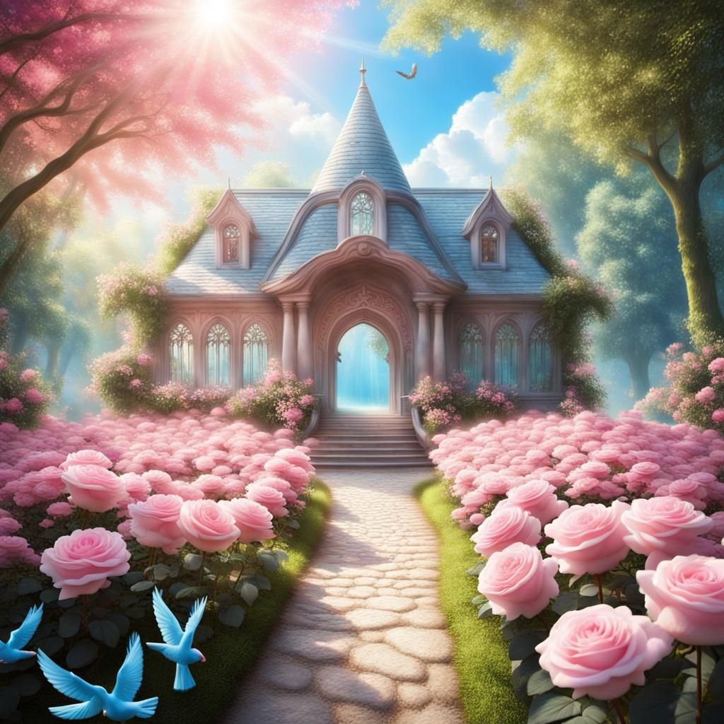 Dreamy Forest with Pink Flowers and Magic Light