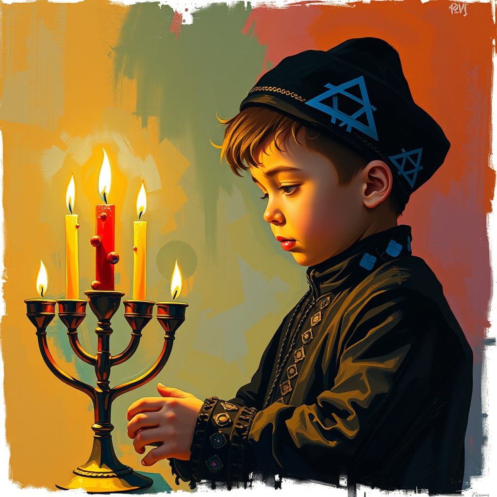 Abstract Jewish Boy Lights Hanukkah Menorah in Vibrant Color...