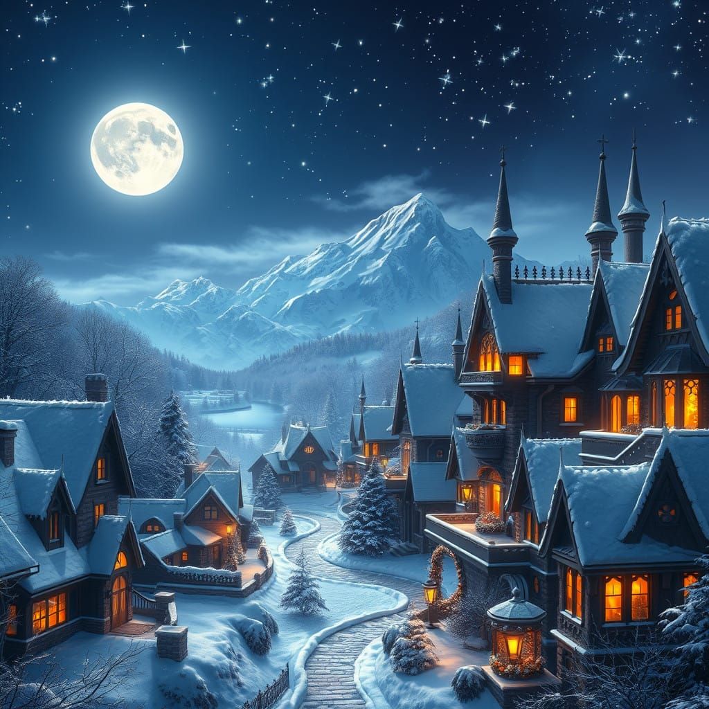 Whimsical Christmas Eve Nightscape Under Radiant Moonlight
