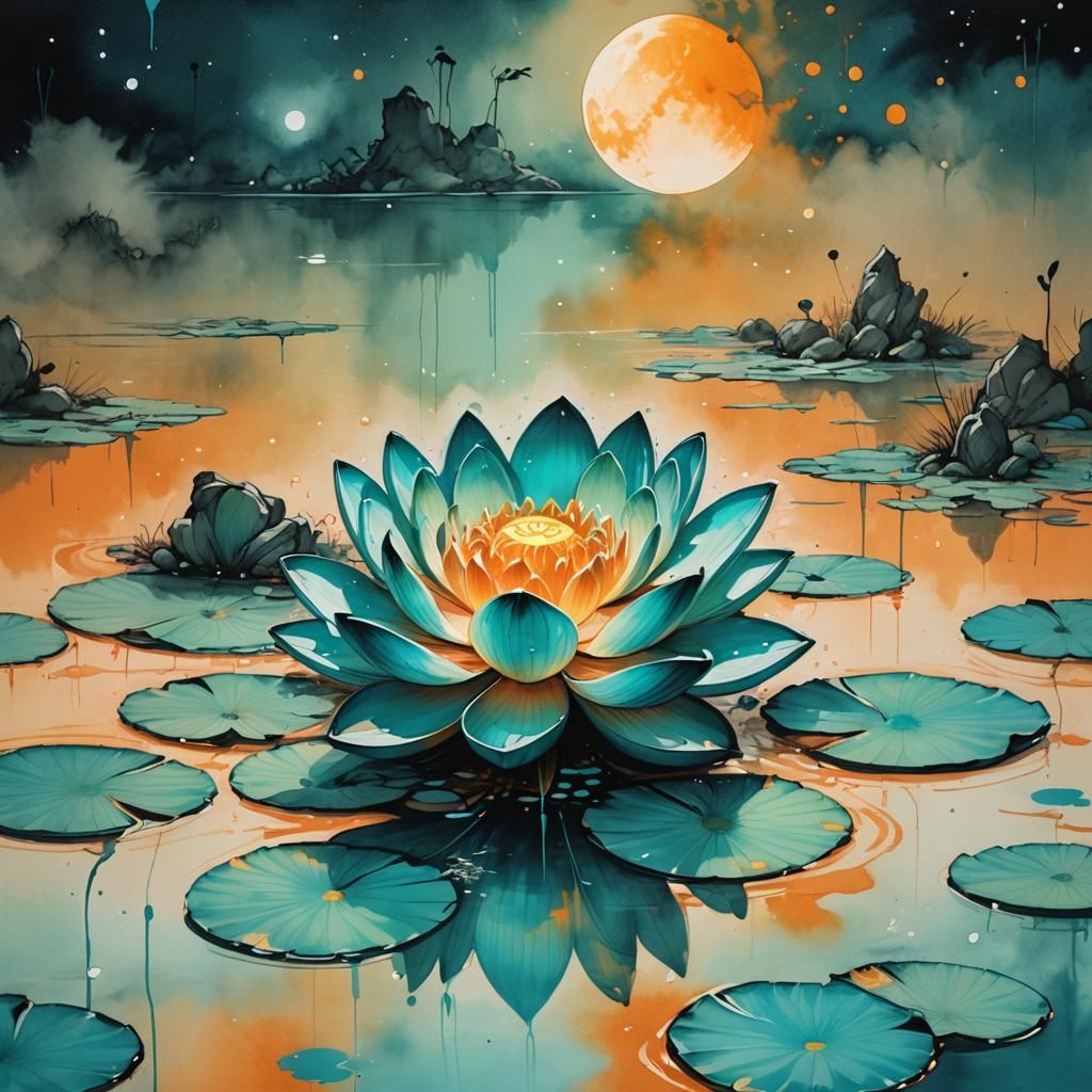 Glowing Turquoise Lotus Under Orange Moonlight