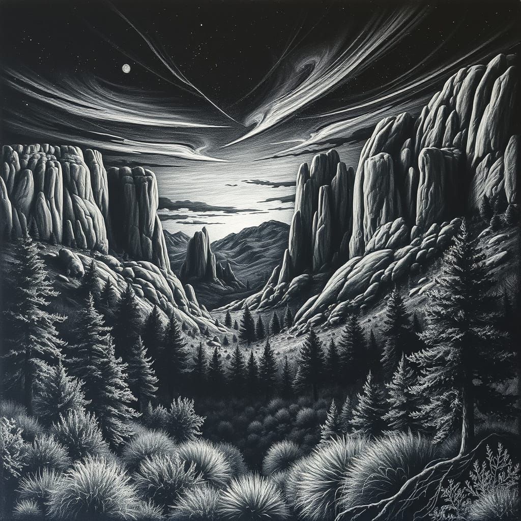 Garden of the Gods in Scratchboard Style