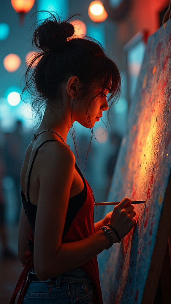 Cyberpunk Artist Girl at Work in the Evening