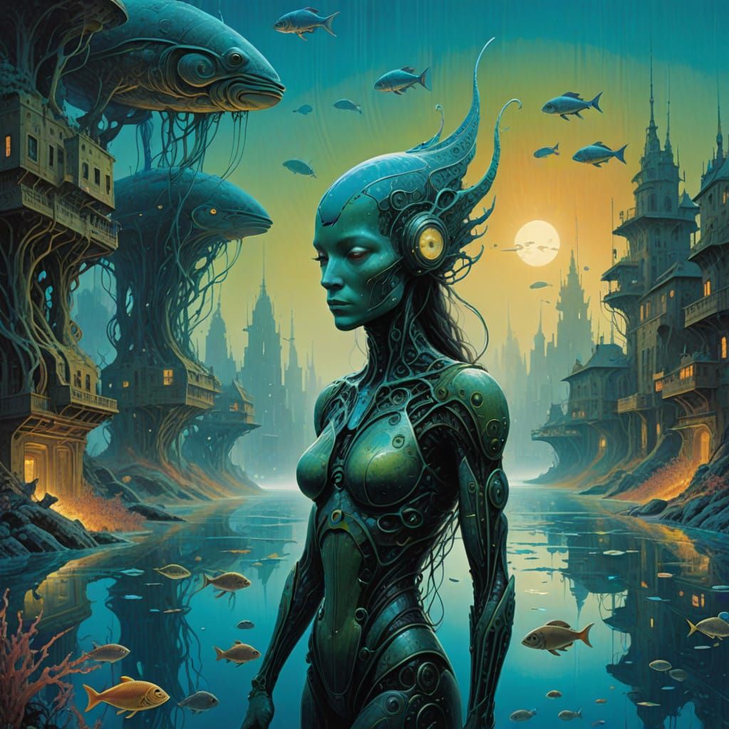Glowing Aquatic Goddess in a Futuristic Underwater Metropoli...