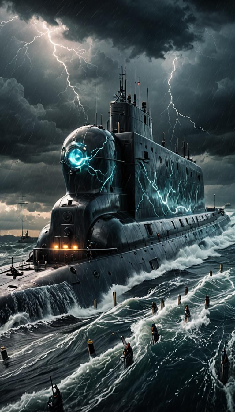 Futuristic Military Submarine Surfacing in Stormy Seas