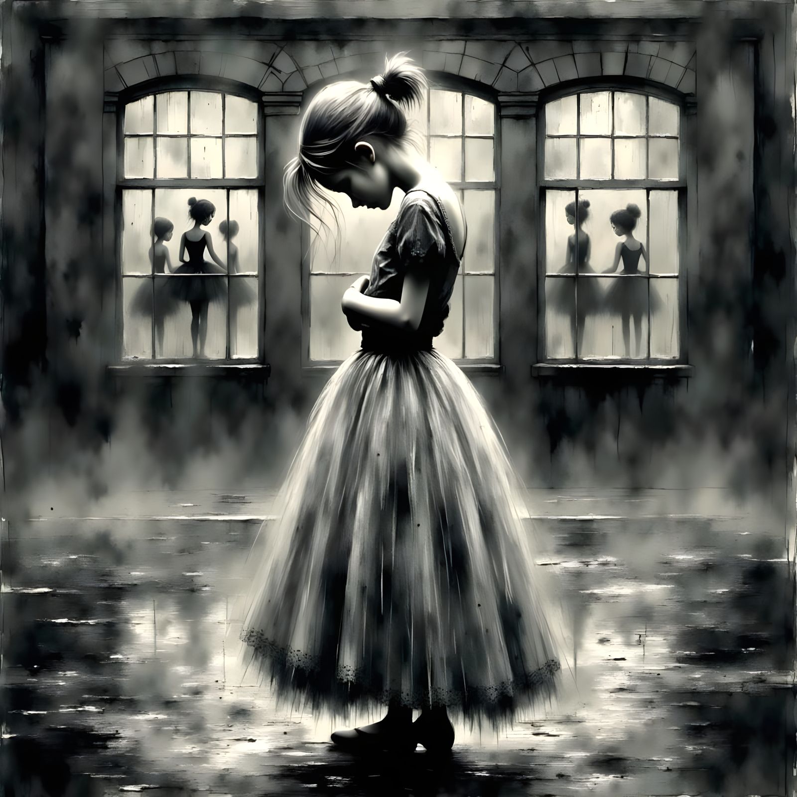 Monochromatic Portrait of a Girl's Isolation Outside Dance S...