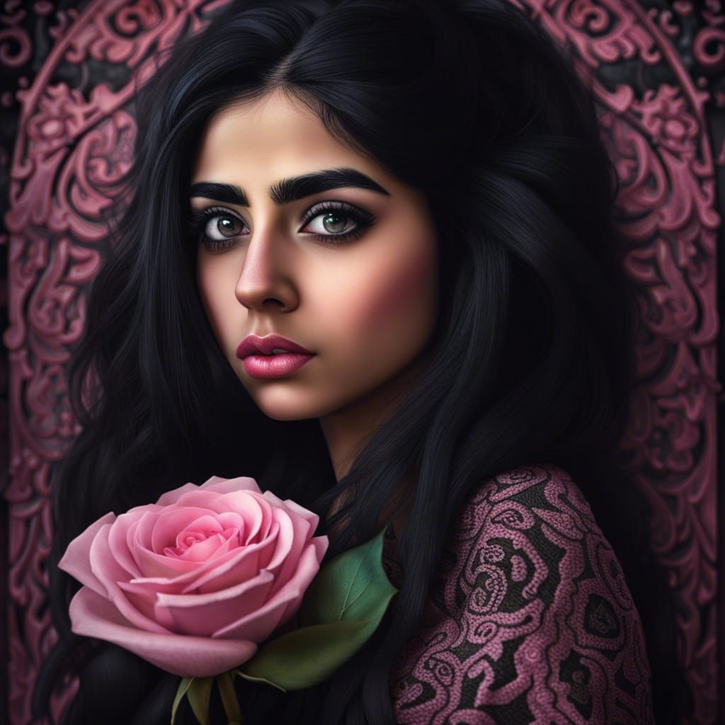 Stunning Persian Girl with Rose: Hyperrealistic Portrait