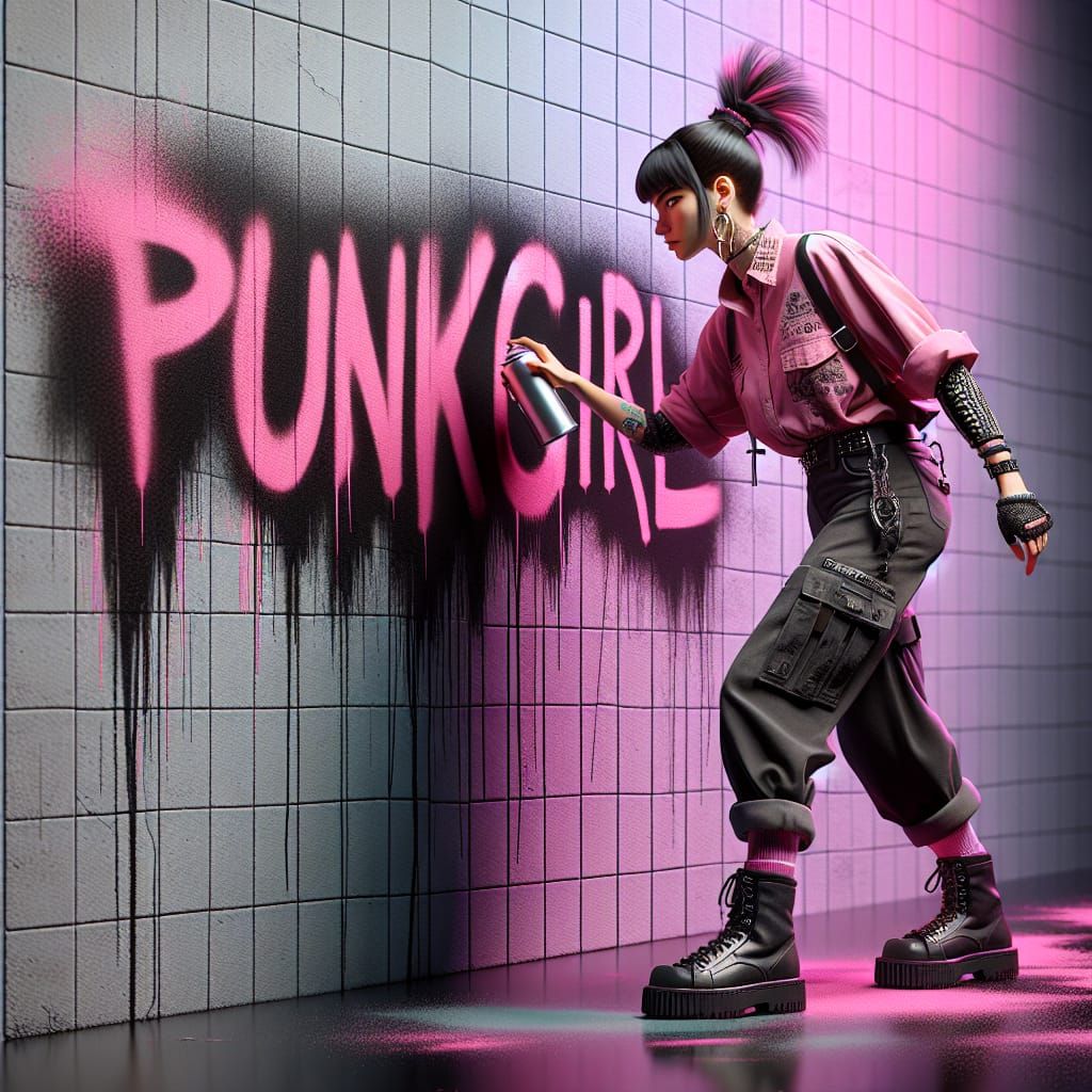 Punk Girl Spray Painting Wall