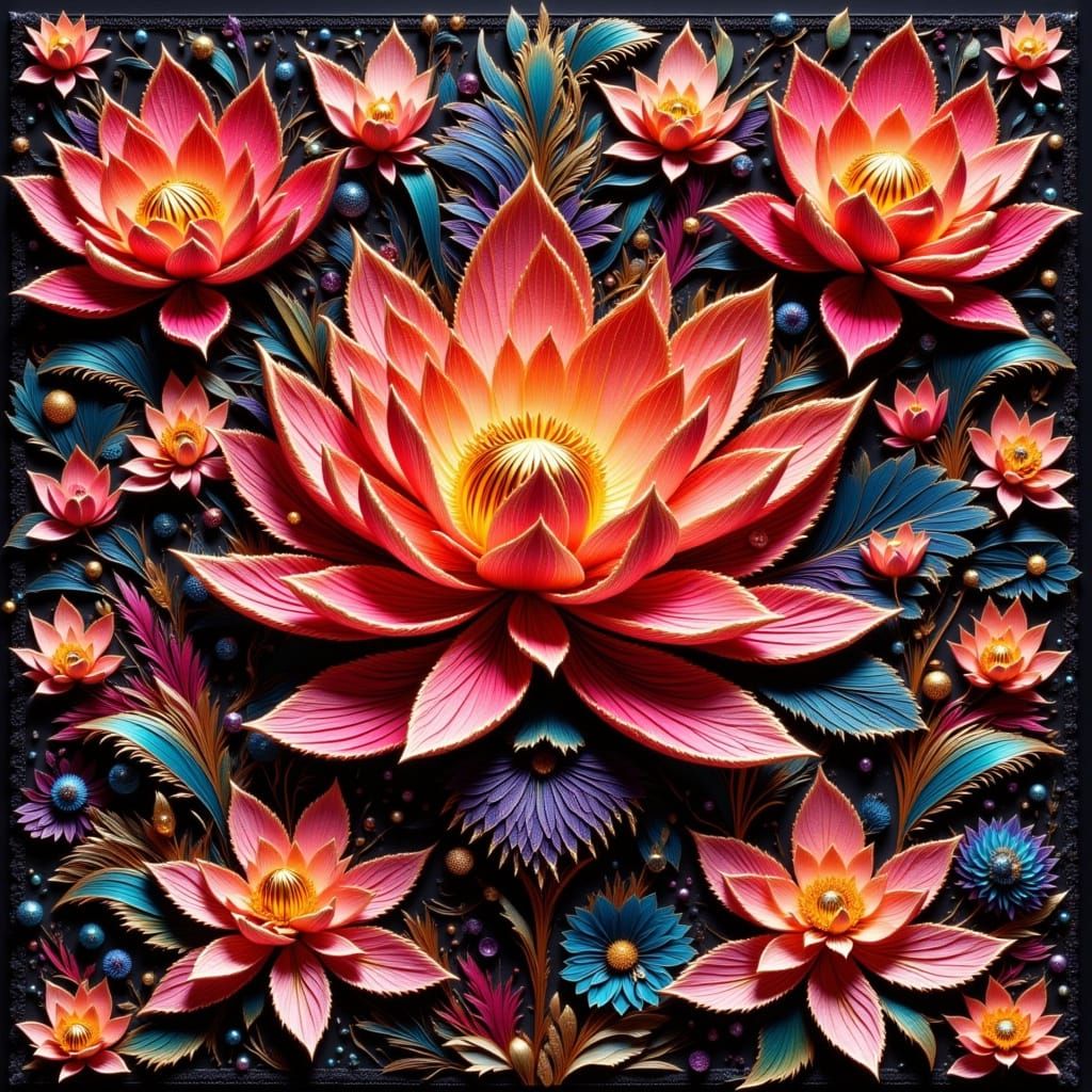 Red and Magenta Lotus Flower Cluster with Gold Beads