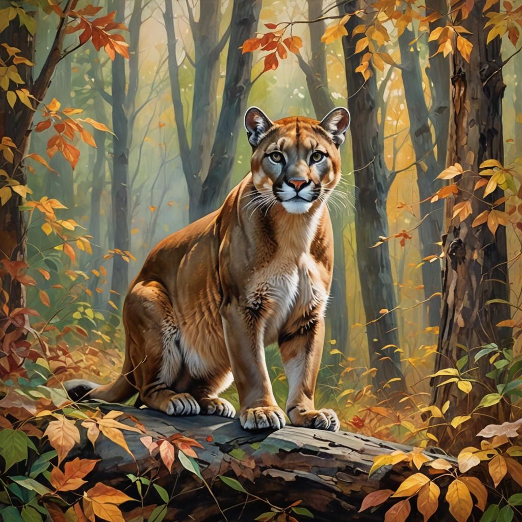 Mountain Lion in Autumnal Forest, Impressionist Painting