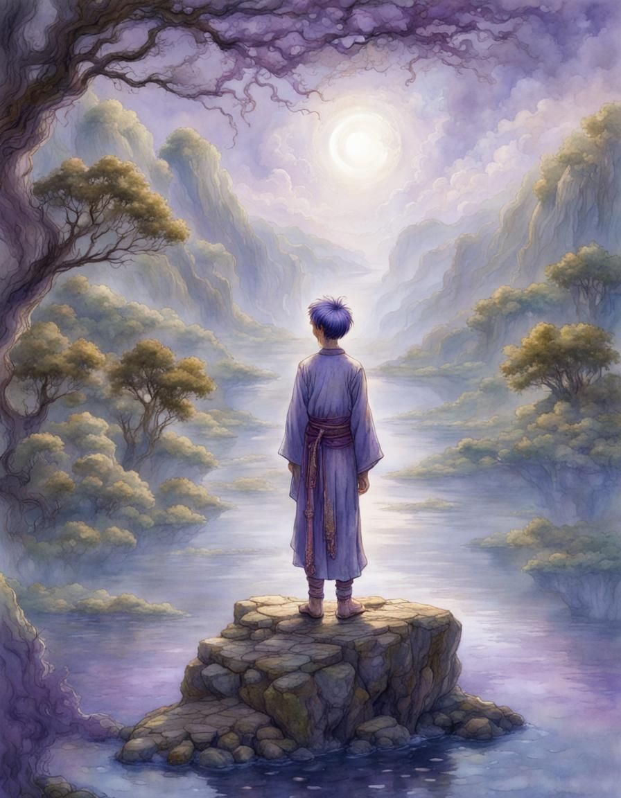 Boy in Ancient Chinese Clothing on Lake