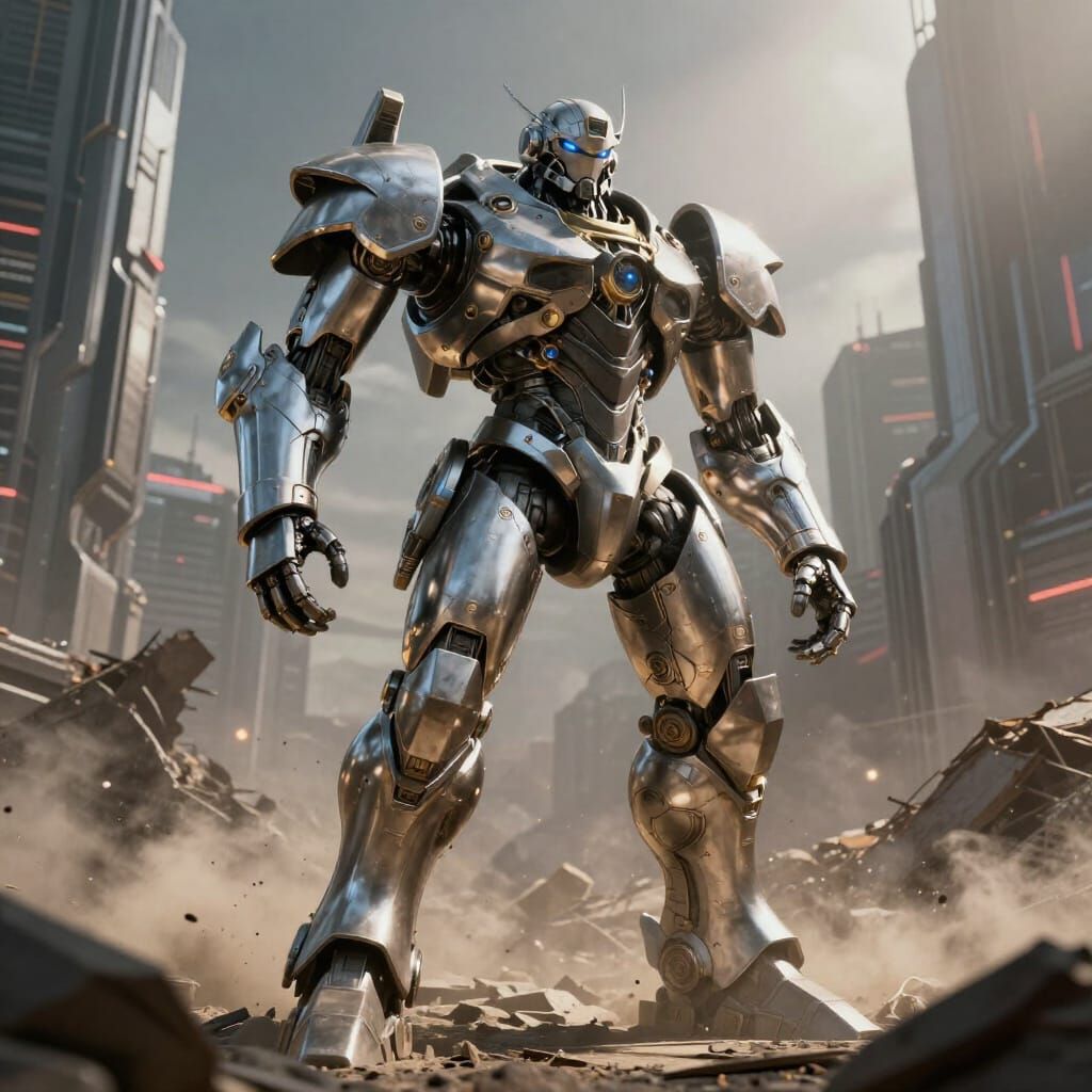 Giant Mecha Warrior in Futuristic City Ruins