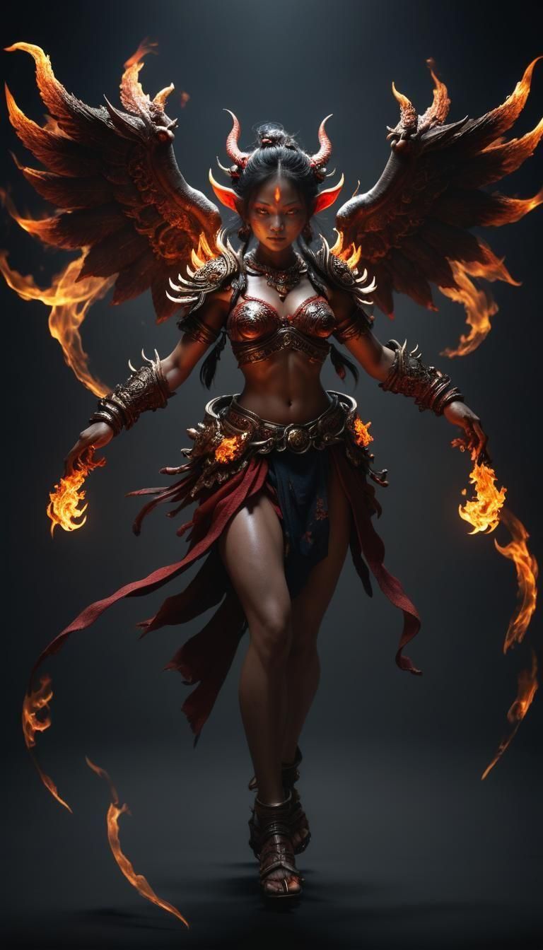 Female Tibetan Asura with Fiery Demon Wings v2