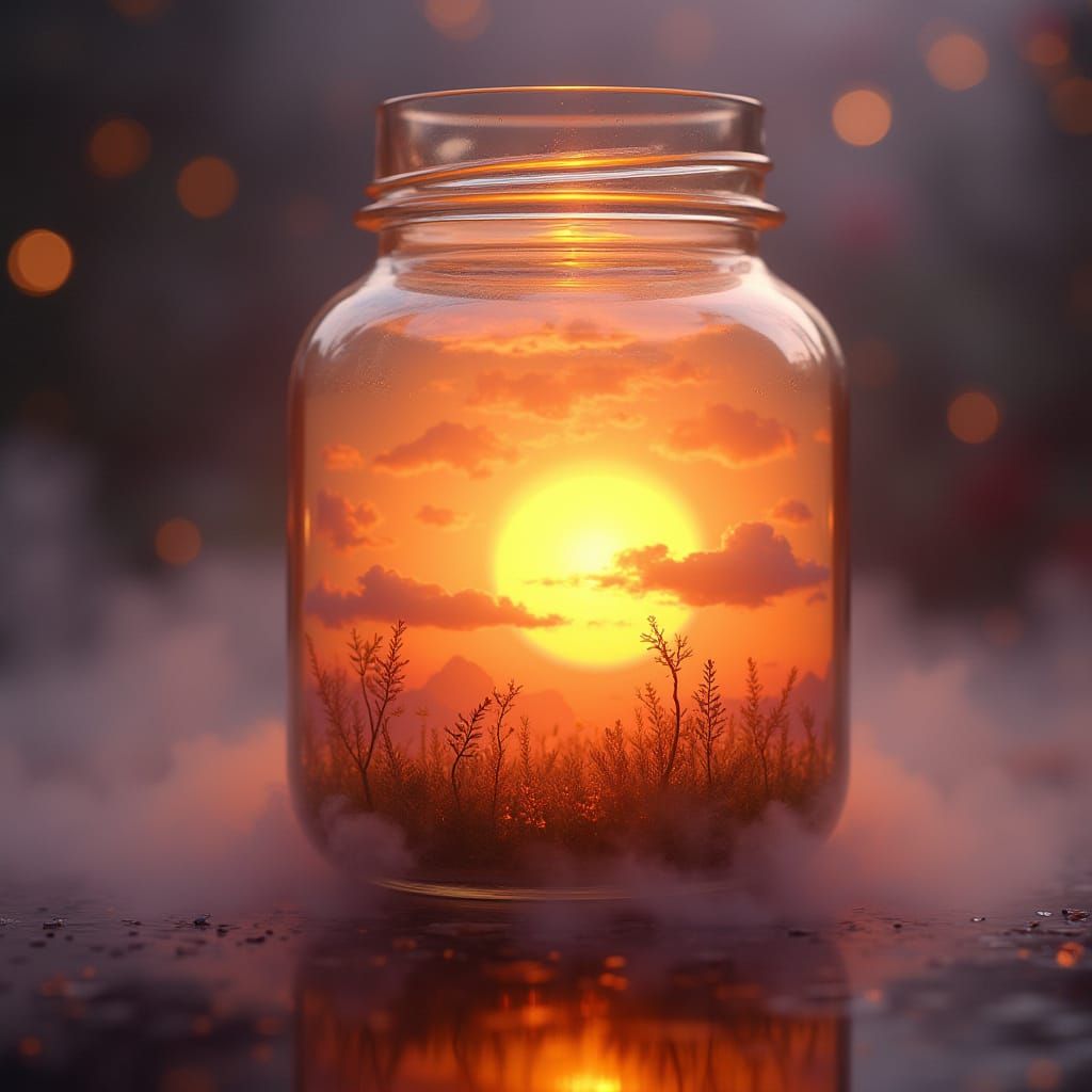 Warm Sunset in Antique Glass Jar with Swirling Mist