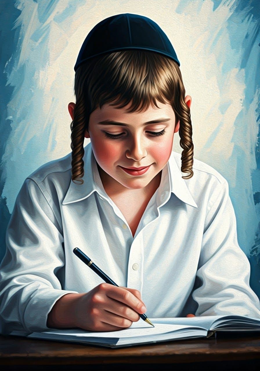 Orthodox Boy Writing, Hyperrealistic Portrait in Oil Paintin...