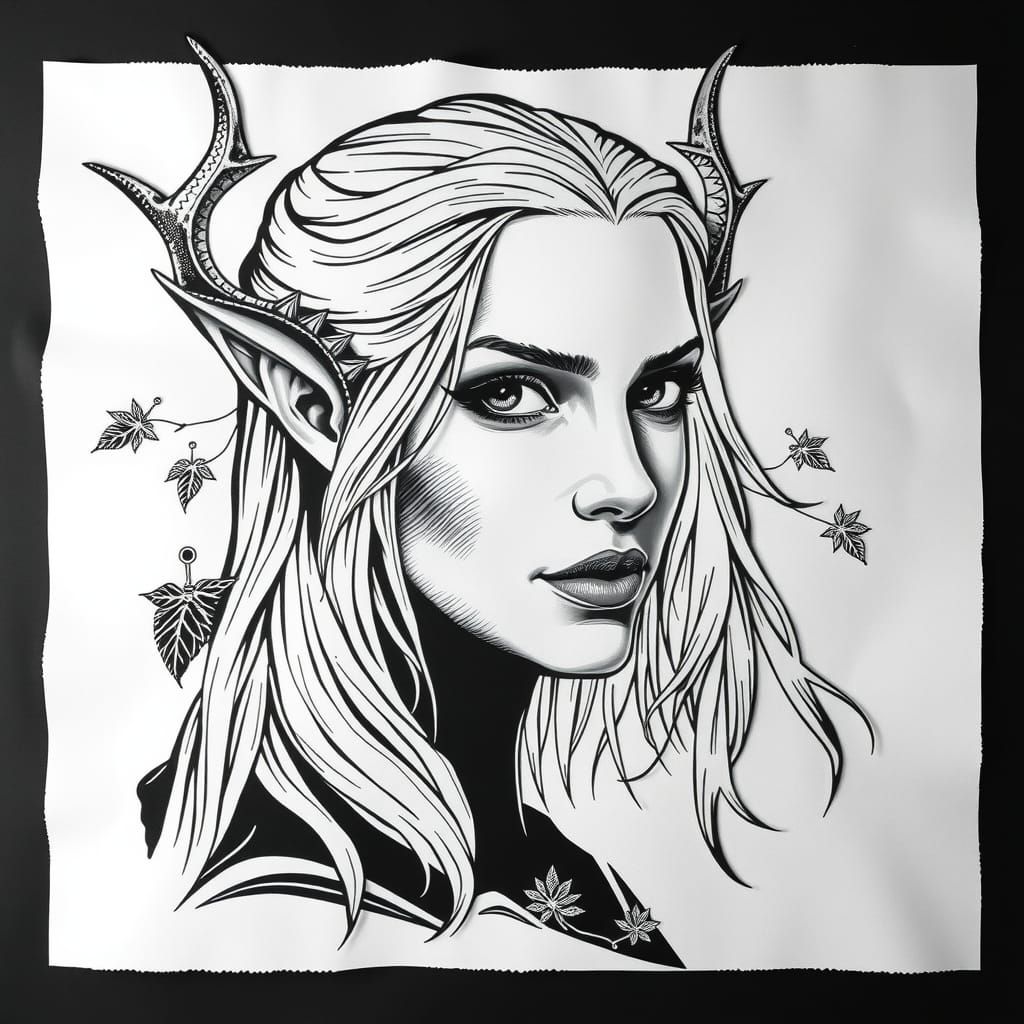 Elven Queen Portrait in Black and White Line Art
