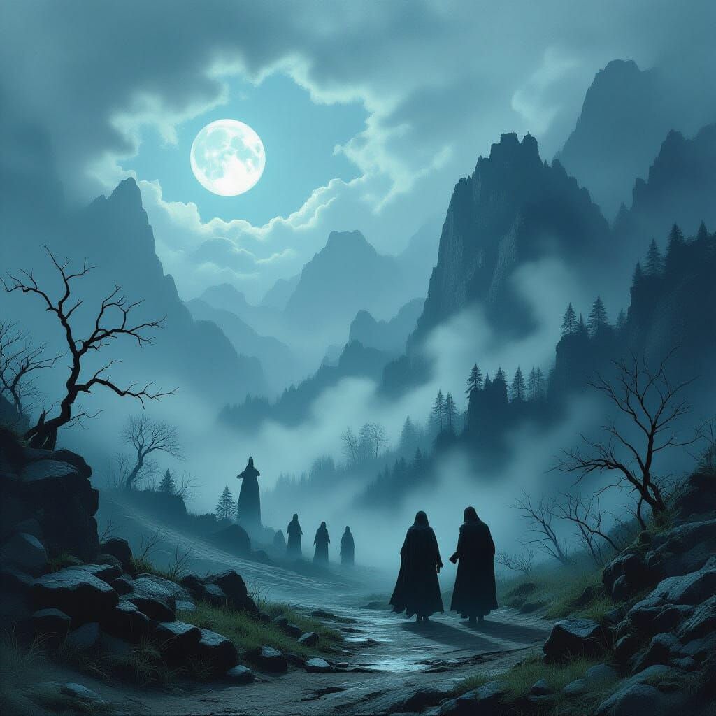 Eerie Landscape with Mysterious Figures in Doré Style