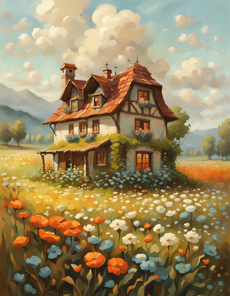 Enchanted House in Flowered Field, Ethereal Art