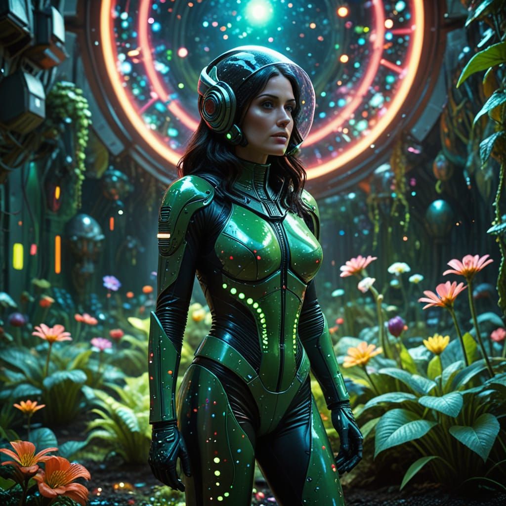 Surreal Cosmic Goddess Surrounded by Lush Alien Worlds