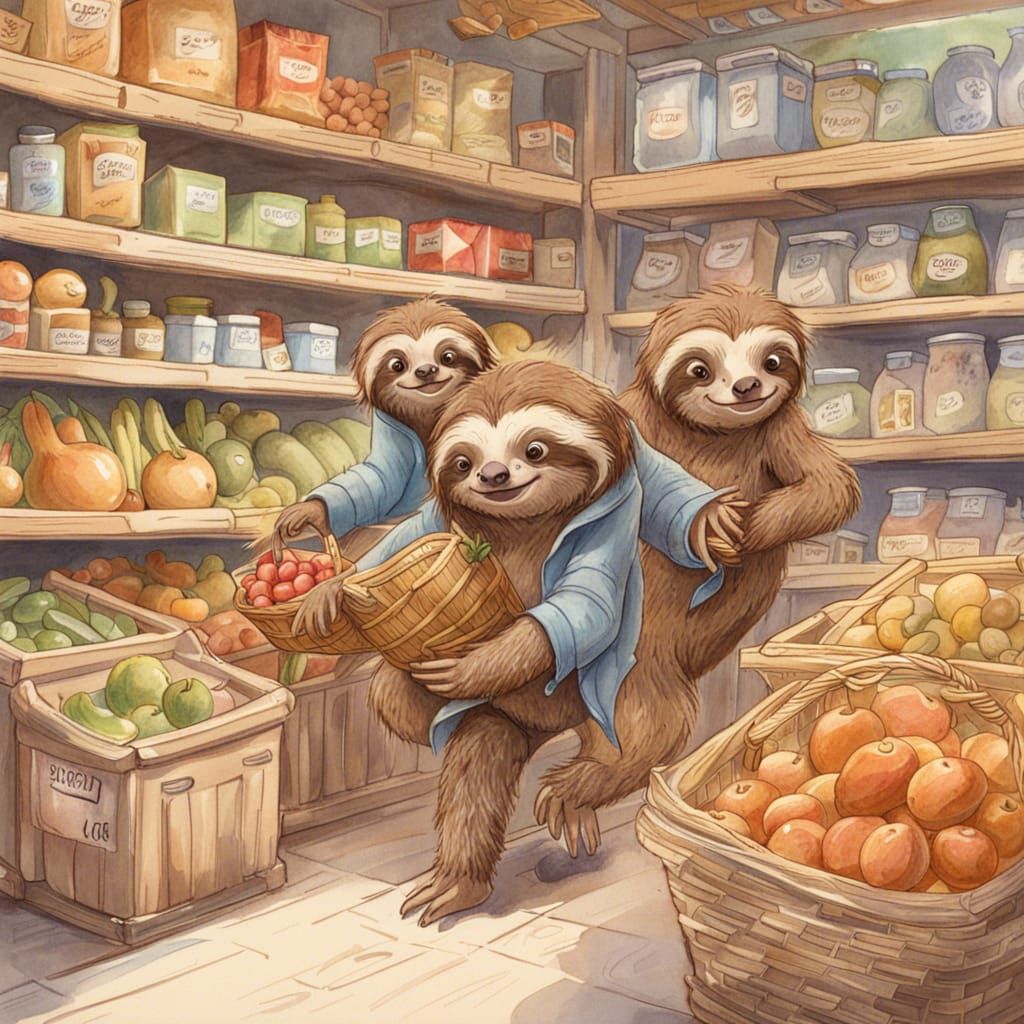 Sloth Grocery Store: A Disney-esque Watercolor Illustration