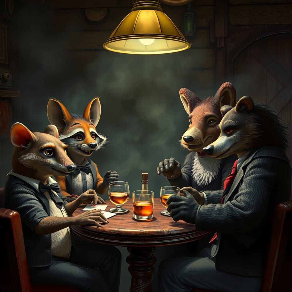 Vintage Mafia Animals Play Cards by Candlelight