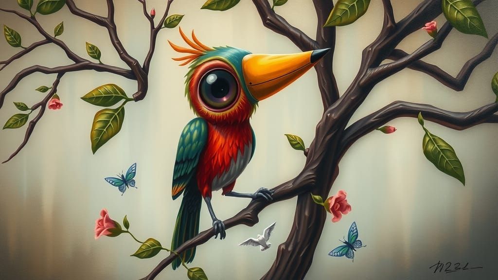 Whimsical Bird in Tree: A Surrealist Painting