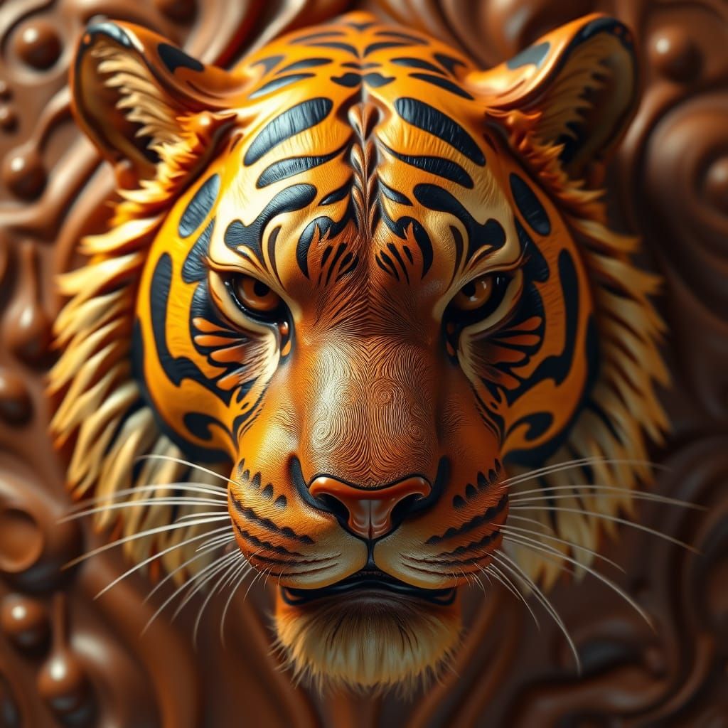 Vibrant Chocolate Tiger Portrait in Whimsical Art Nouveau St...