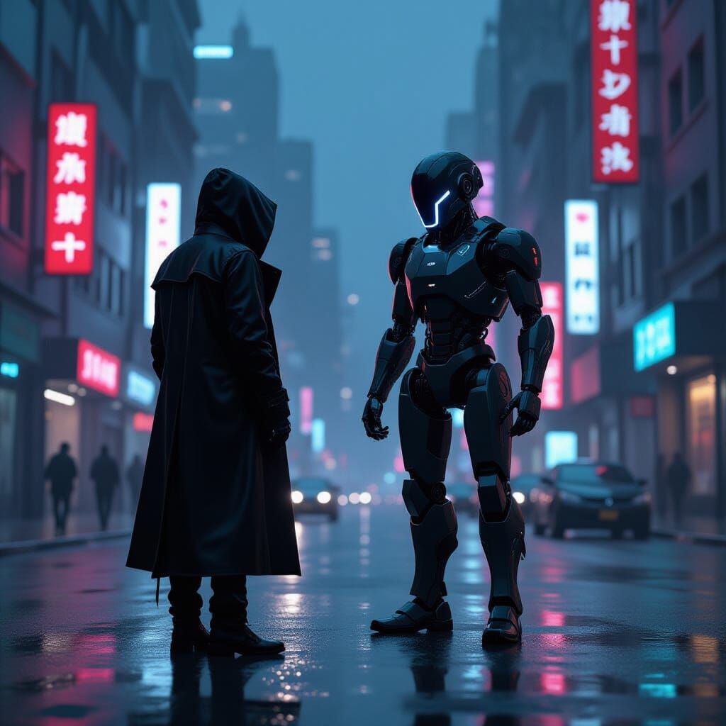 Lone Figure Battles Robot in Cyberpunk Cityscape