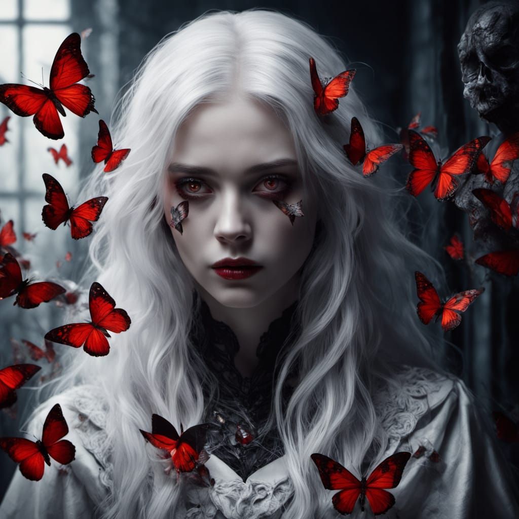 Gothic Dark Fantasy Woman With Red Butterflies