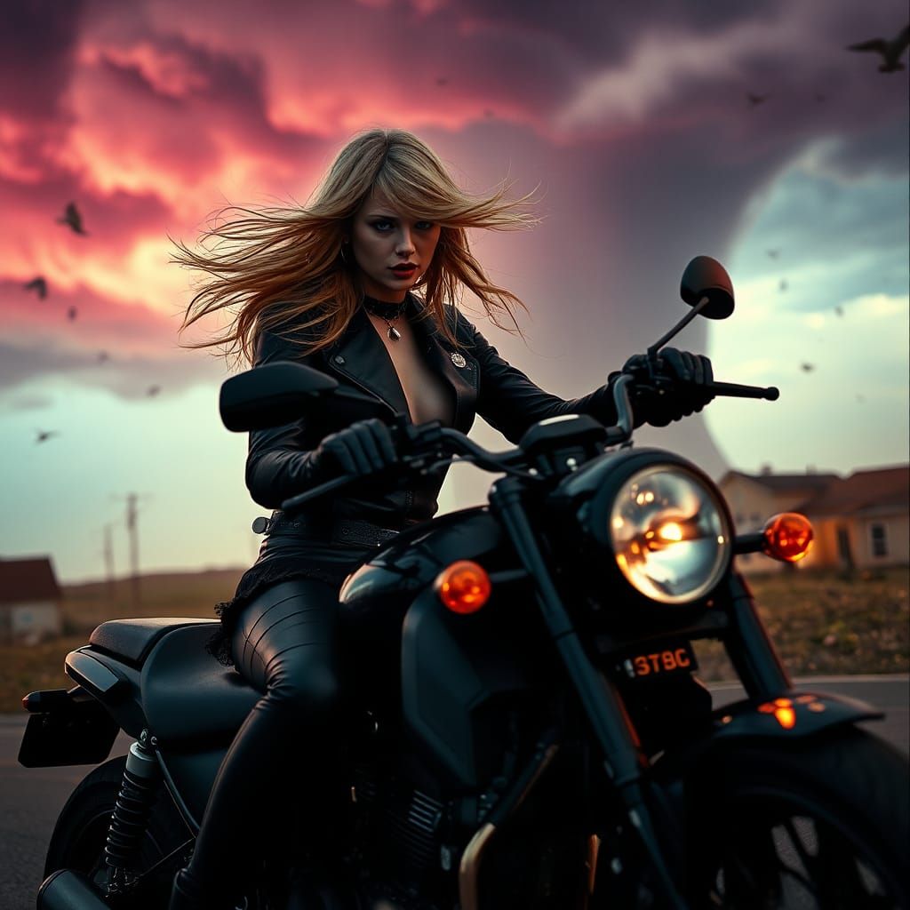 Gothic Taylor Swift on Motorcycle in a Tornado