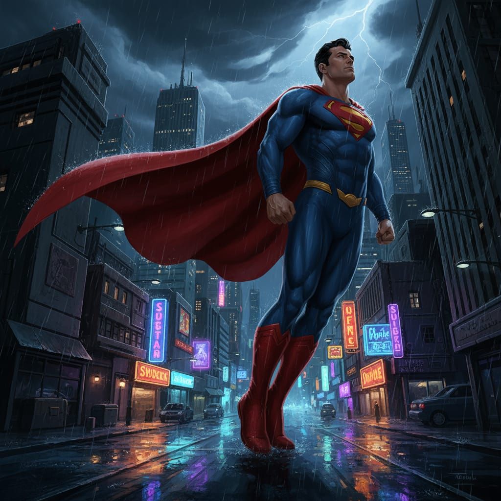 Superman Soars Above Gritty Cityscape in Dynamic Digital Pai...