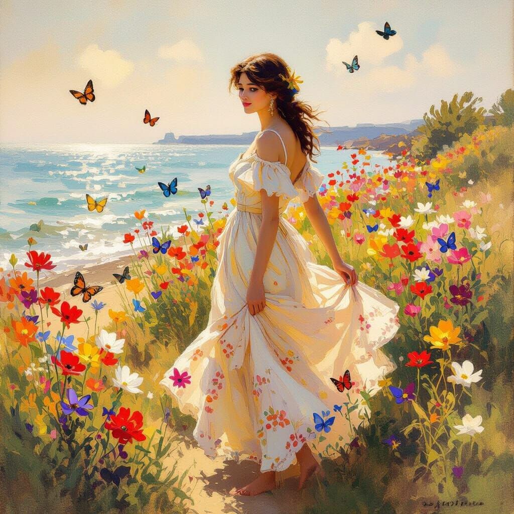 Seaside Woman Surrounded by Butterfly Flowers